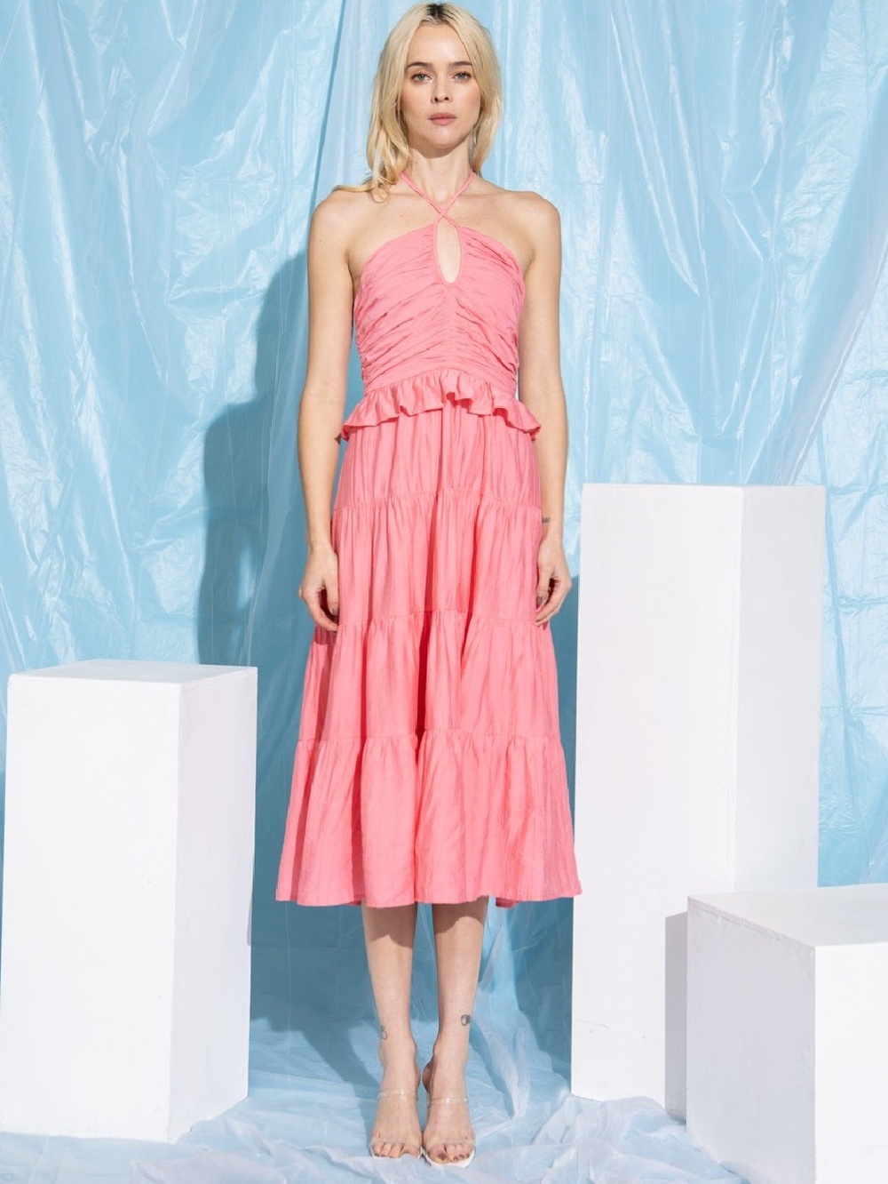 Lena Coral Pink Halter Ruched Tiered Midi Dress 💖💖